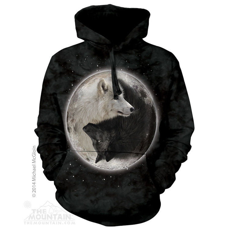 The Mountain 100% Cotton Yin Yang Wolves Hoodie Sweatshirt Black, XL