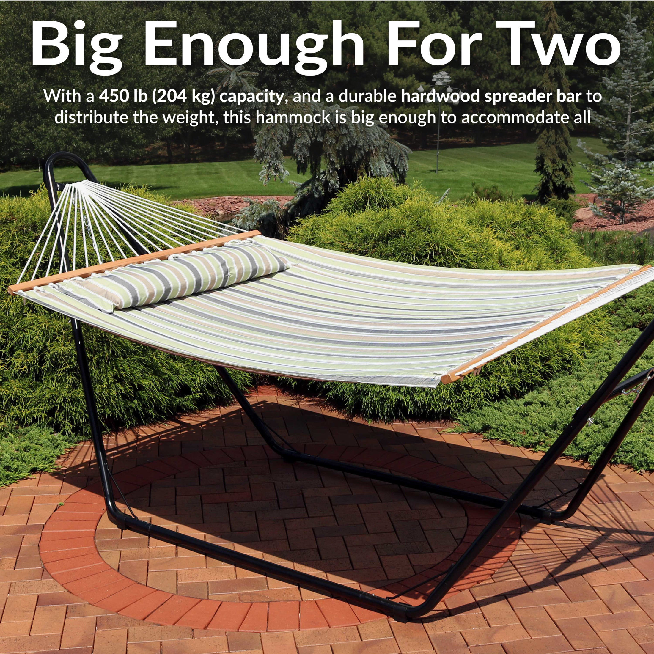 Sunnydaze 2-Person Quilted Polyester Spreader Bar Hammock, 450 lb Capacity - Khaki Stripe