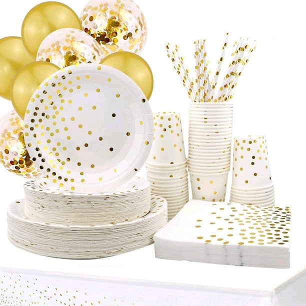 310PCS Black and Gold Party Supplies - Disposable Paper Plates Dinnerware  Set Rose Gold Dots 50 Dinner Plates 50 Dessert Plates 50 Cups 50 Napkins 50  Straws 60 Balloons Birthday Party Wedding Holiday 