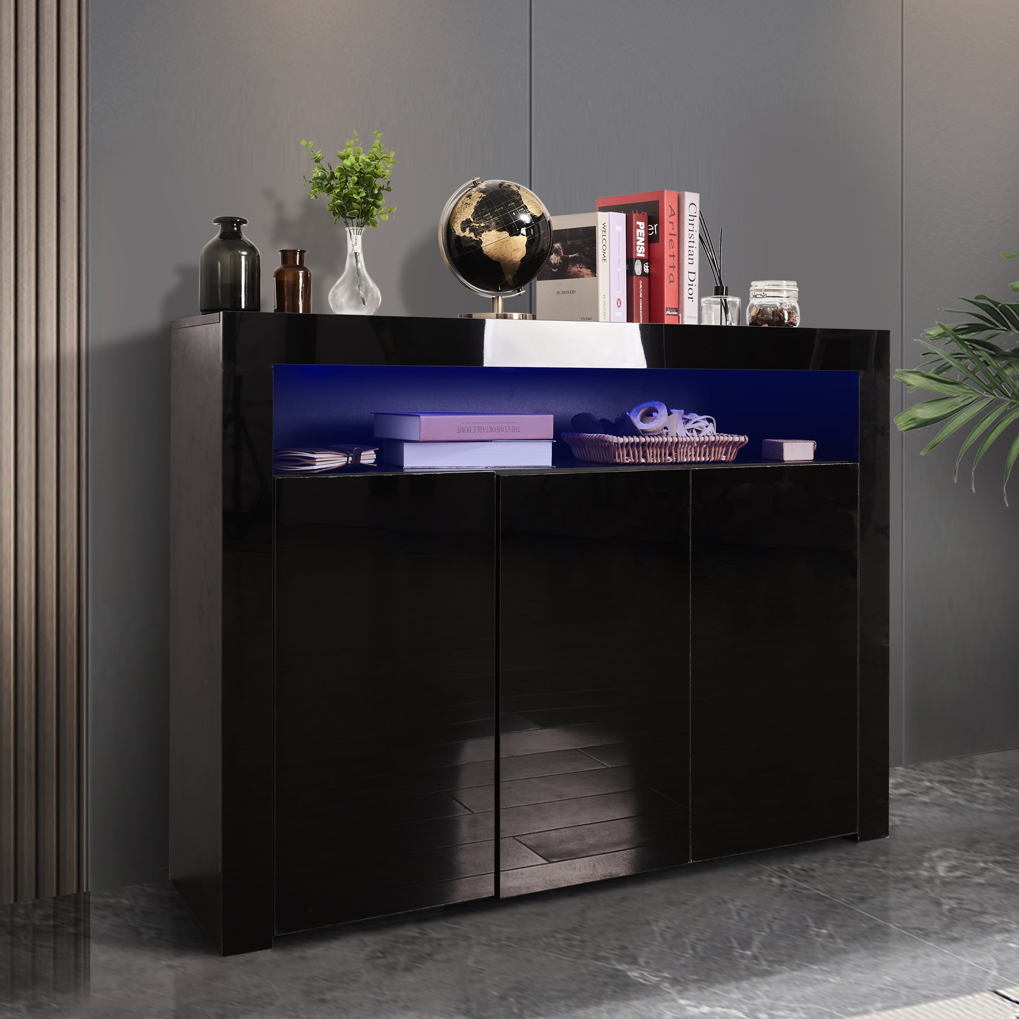 Black Sideboard High Gloss 3 Doors Sideboard Cabinet Storage Cupboard with LED Lights for Dining Room Living Room Modern 