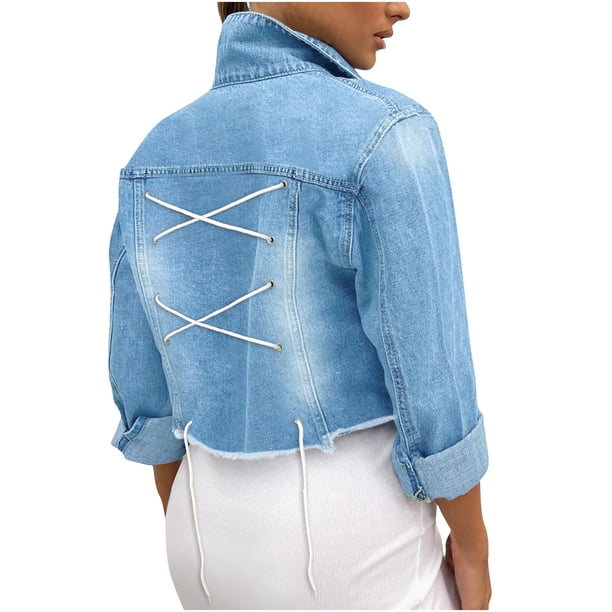 Moda mujer manga larga Tops prendas de vestir vaquero cuello vuelto chaqueta abrigo Pompotops gfhjh14039