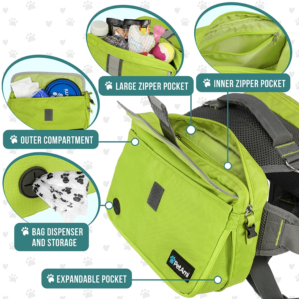 PetAmi Dog Backpack for Medium Large Dogs, Dog Saddle Bag For Dogs to Wear, Harness Saddlebag with Reflective Safety Side Pockets for Hiking, Camping, Vest Dog Pack for Travel (Green, Medium)