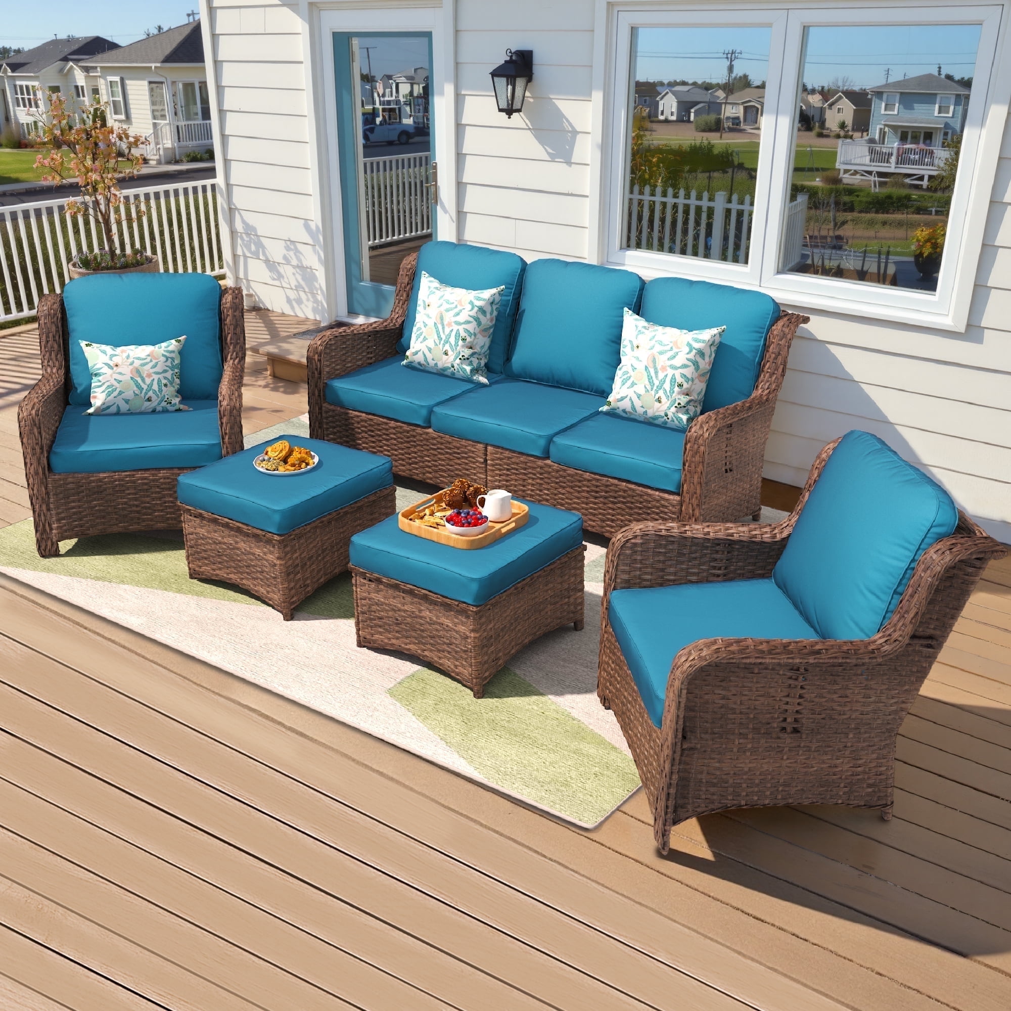 Hzzkey Patio Furniture Set, 5 Pieces Outdoor Sectional Sofa Set, All-Weather Wicker Rattan High Back Patio Conversation Set with Ottoman for Poolside, Backyard, 4.33" Thick Cushions, Peacock Blue