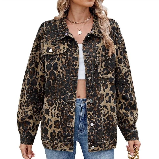 Chaqueta Vaquera Informal de Larga con Solapa y Botones para Mujer, Estilo Boyfriend, Holgada, A . Estampado de Leopardo M