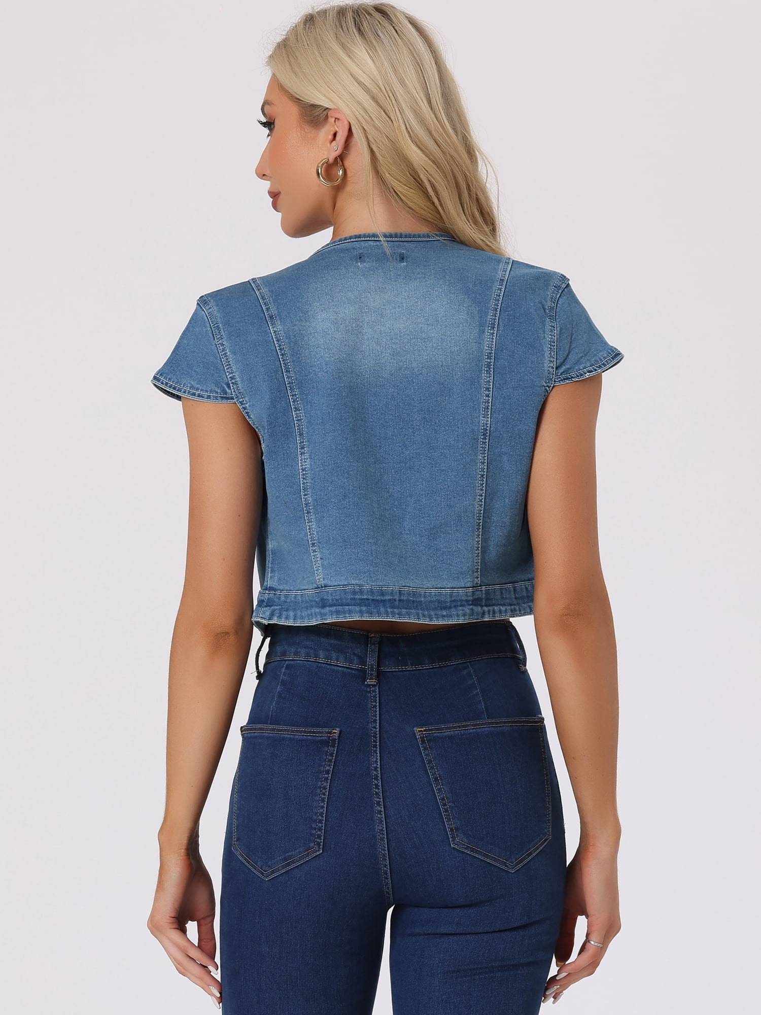 DARING DIVA Women's Crop Denim Cardigan Cap Sleeve Jean Jacket M Blue