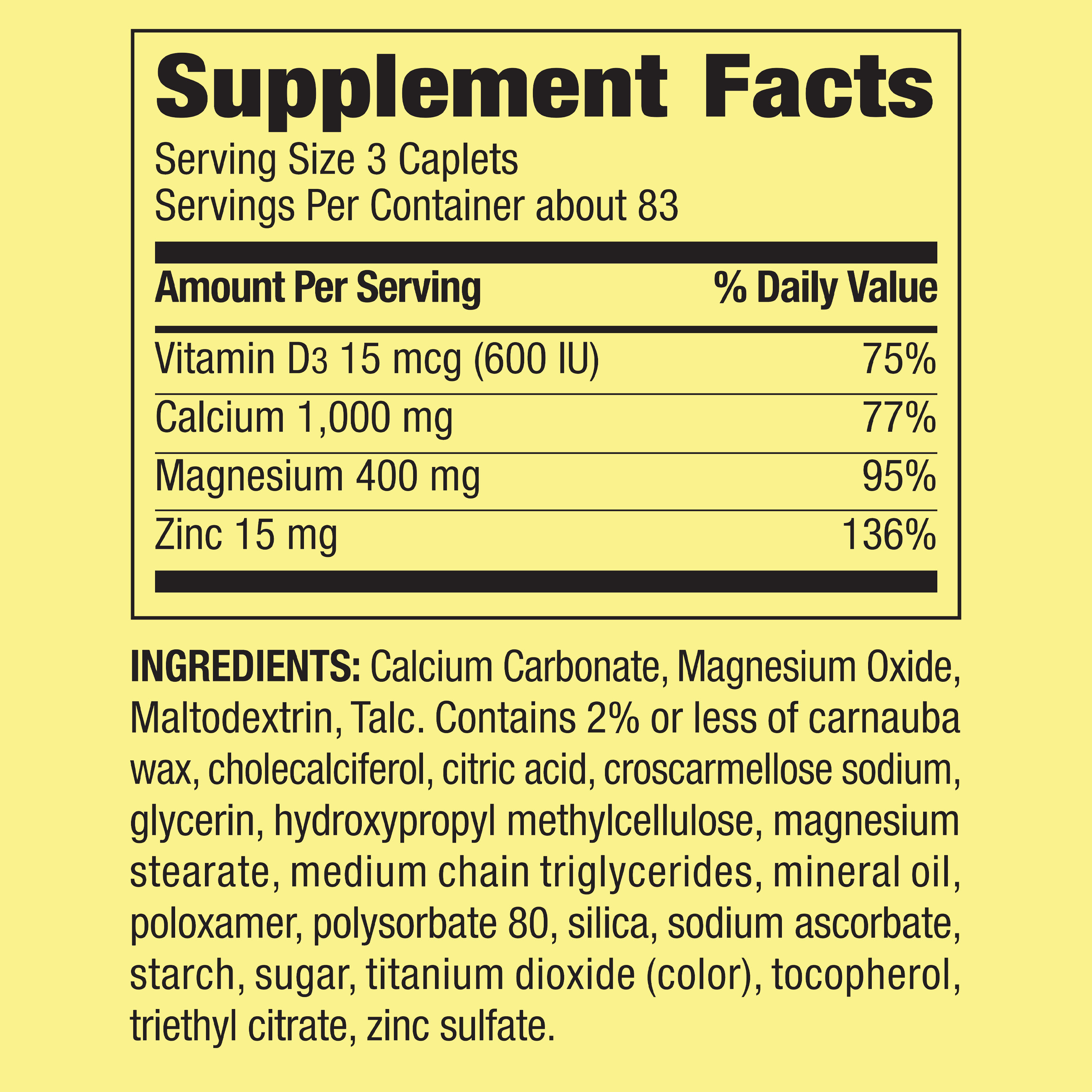 Spring Valley Calcium, Magnesium & Zinc Plus Vitamin D3 Coated Caplets, 250 Count - image 2 of 10