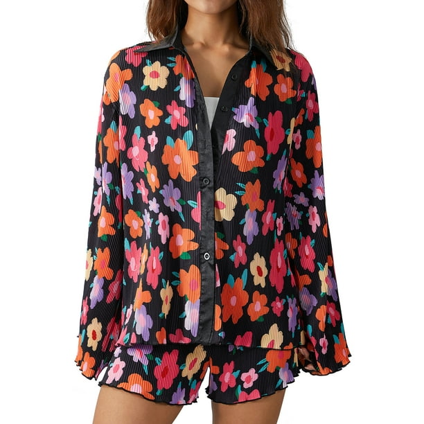 VISgogo Traje de pantalón de dos piezas para mujer, blusa de manga larga con estampado de flores / irregulares y pantalones cortos de pierna recta VISgogo moda