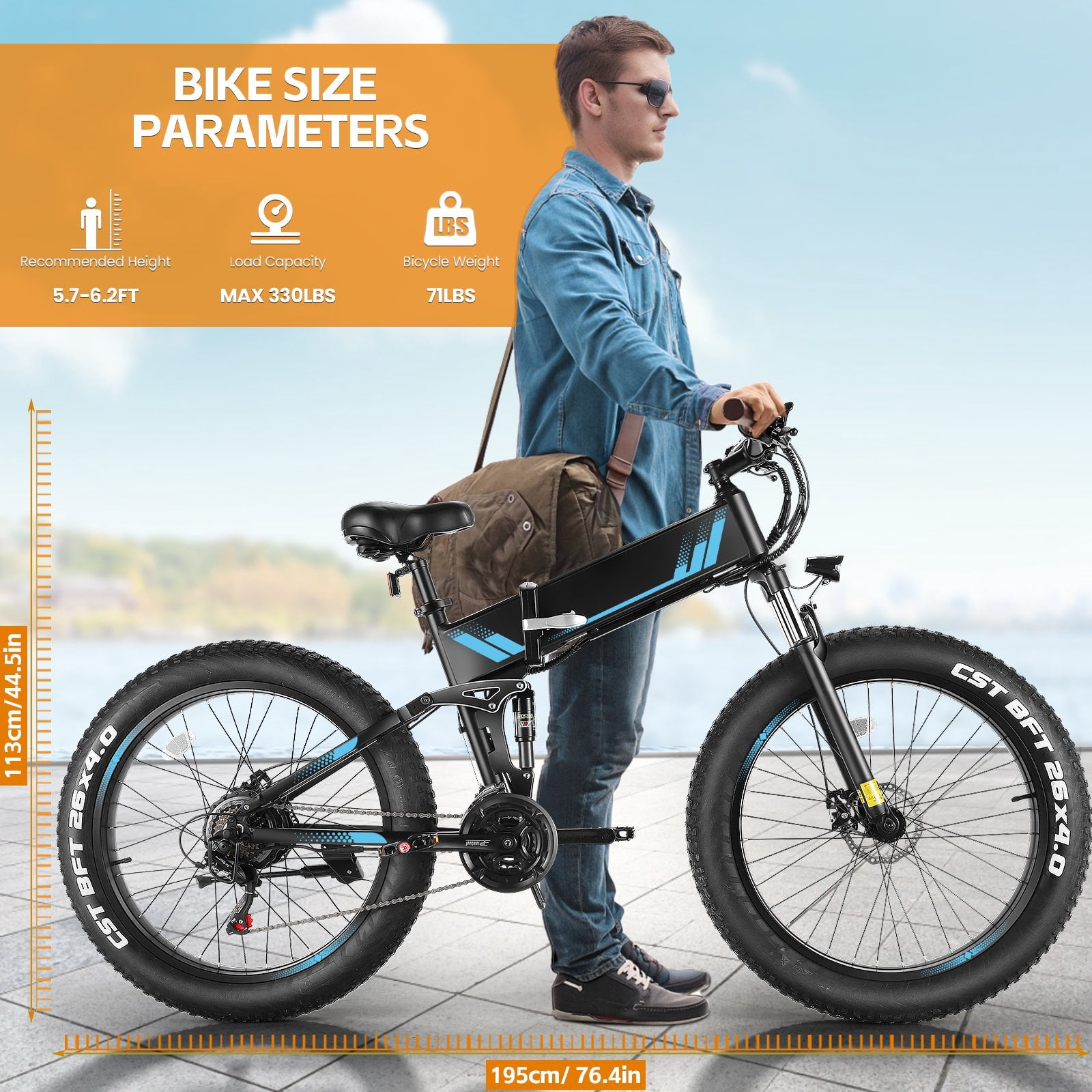 Elifine 26"x4" Folding Fat Tire Electric Bike, Full Suspensions, 500W Ebike, 5 Riding Modes, 48V 10.4Ah Battery, 21 Speed, LCD, All Terrain E Bike for Adult UL2849
