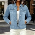 thumbnail image 2 of Sevevn Women's Long Sleeve Lapel Short Jean Trucker Jacket Cropped Denim Coat with Pockets Casual Versatile Outfits for Office Work Going Out, 2 of 5