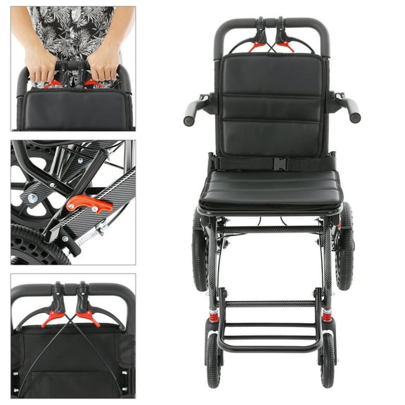 Portable Folding Transport Wheelchair, Aluminum Transport Wheelchair Lightweight Foldable, Black Travel Wheelchairs for Adults Lightweight Foldable Wheelchair for Elderly w/Storage Bag