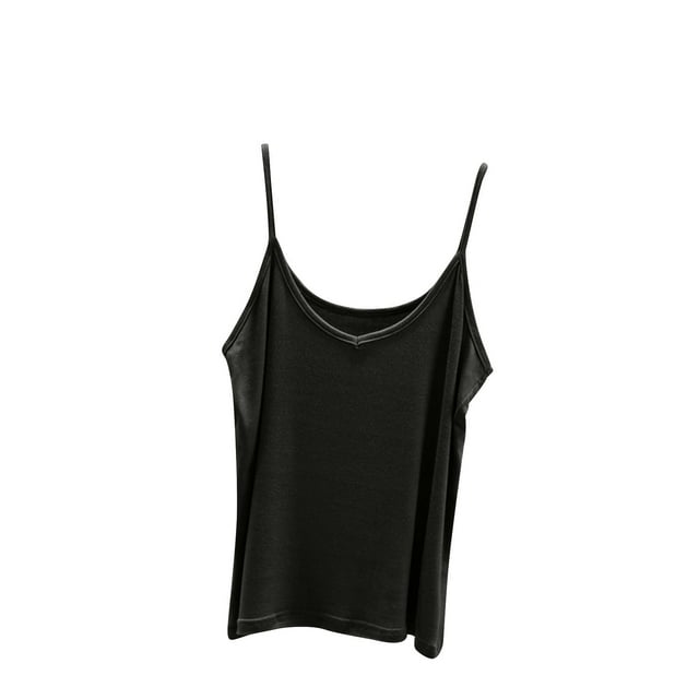 AherBiu Tank Tops Women Loose Spaghetti Strap Basic Camisole in a solid black color. Made from soft, high-quality fabric, this loose-fit camisole features thin spaghetti straps and a relaxed silhouette. Suitable for casual wear, homewear, or layering with jackets and blouses. Available in X-Large size with a bust measurement of 90-130 cm and a length of 56 cm.