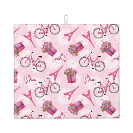 

Dish Drying Mats for Kitchen Counter pink bike Romantic 16x18in Dish Drying Pad Coffee Mat with Hanging Loop Super absorbent Kitchen Counter Mat Coffee Bar Accessories