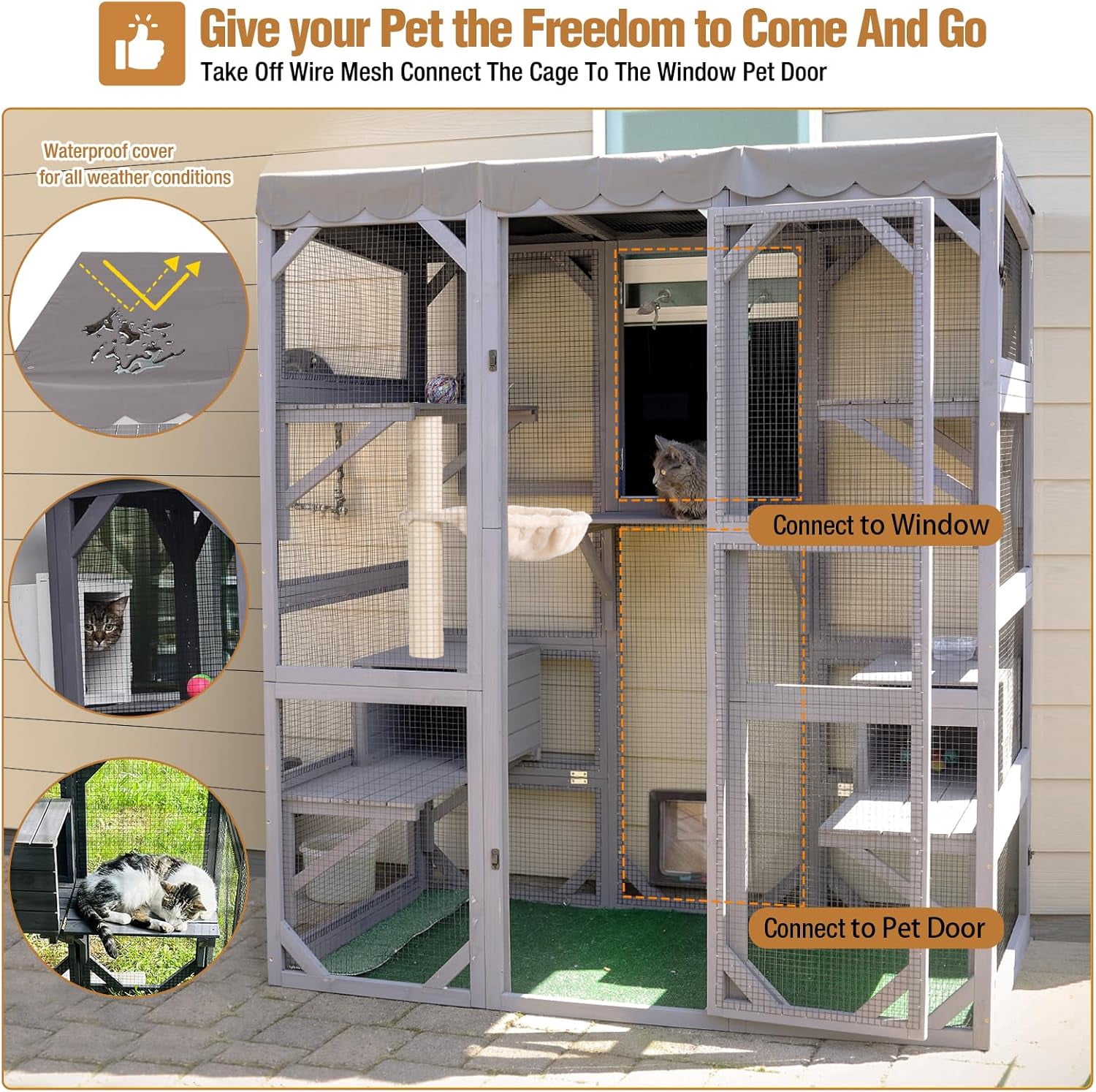 Aivituvin Large Catio Outdoor Cat Enclosure with Condos, Wood Window Catio Walk in Cat House, Kitty Shelter Indoor with with Door, Platform 70" Gray