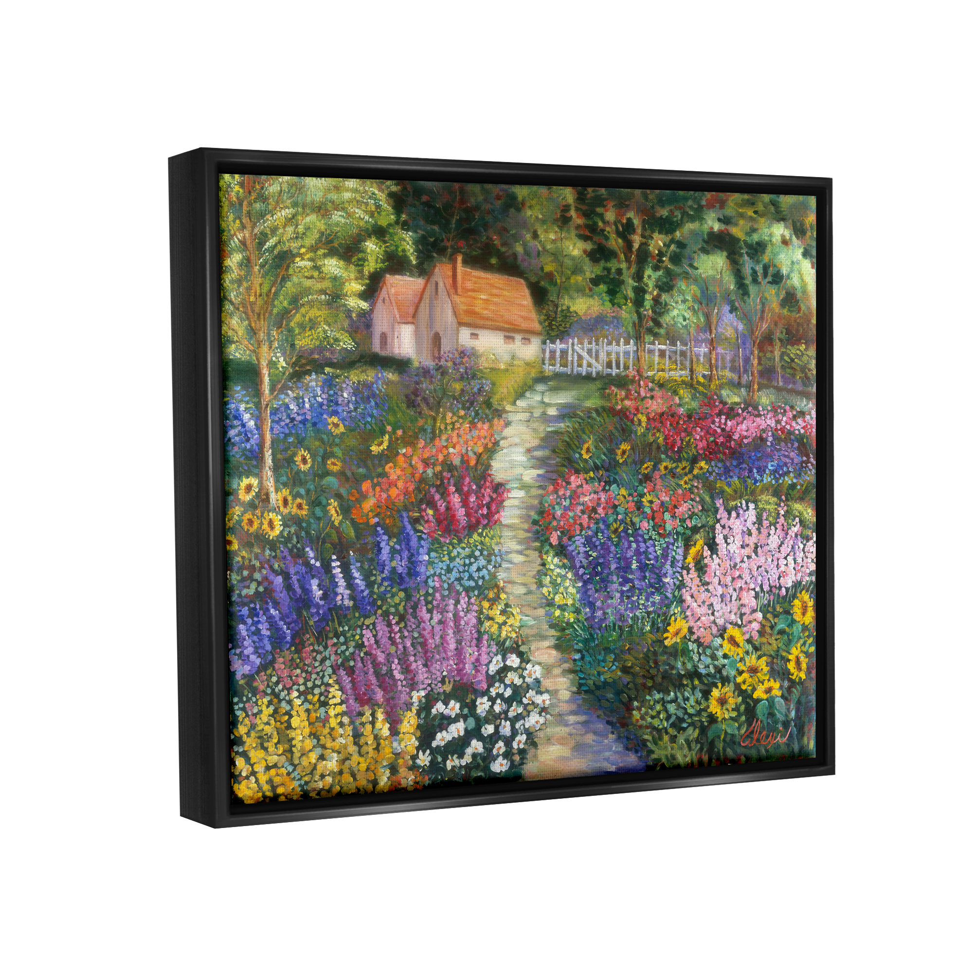 Stupell Industries Floral Cottage Gardens Landscape Painting Black Floater Framed Canvas Art Print Wall Art, 31 x 25