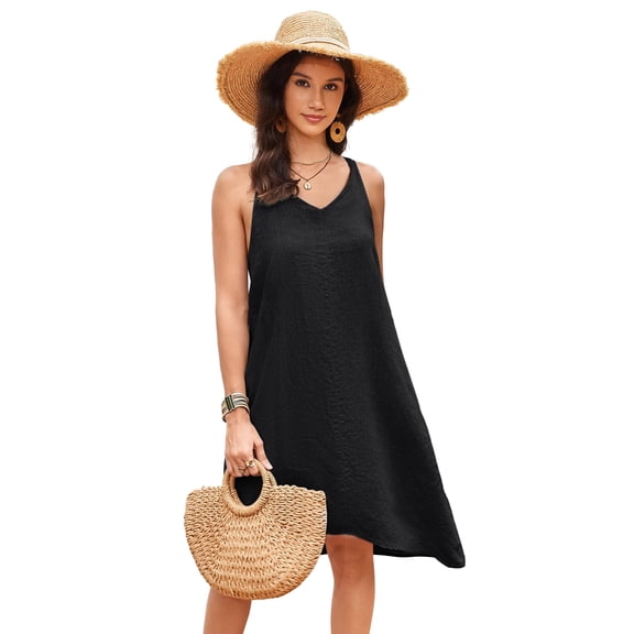 Fiophy Women's 100% Linen Sleeveless V Neck Halter High Low Midi Dresses with Pockets Summer Casual Beach Flowy Dresses, Black, L