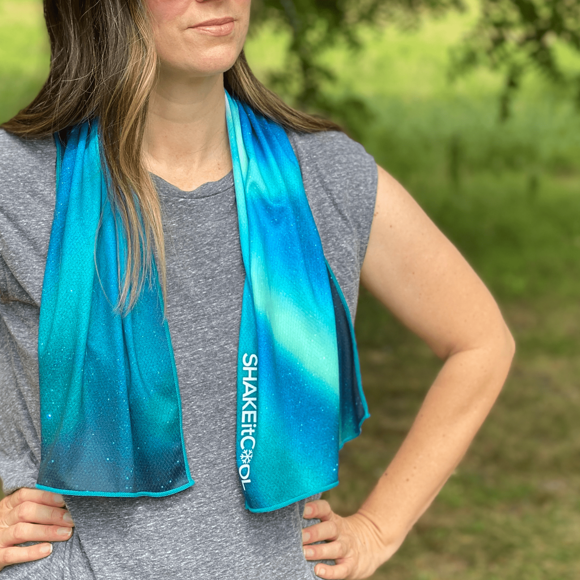 SHAKEitCOOL Extended Size Cooling Towel – Be Cool in Style - Heat Relief, Soft, Lightweight, Sun Protection, Easy Clean - Perfect for Biking, Hiking, Running, Yoga, Golf, Gardening - Alaskan Sky M