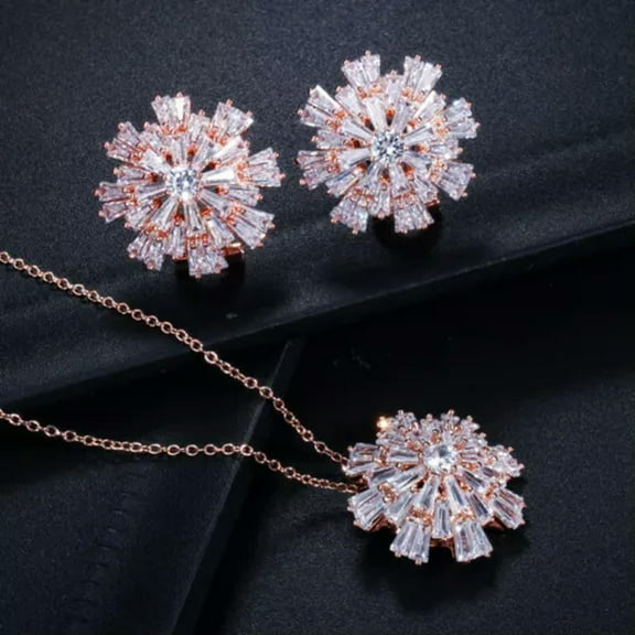 585 Rose Gold Cubic Zirconia Big Snowflake Earrings Pendent Necklace Jewelry Set