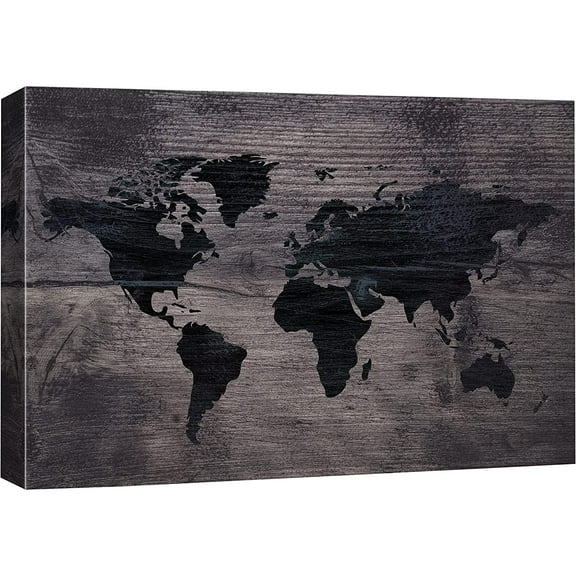 IDEA4WALL Canvas Wall Art Black World Atlas Map on Dark Brown Wood Panel Places Country Mixed Media Realism Global Urban for Living Room, Bedroom, Office - 24"x36"
