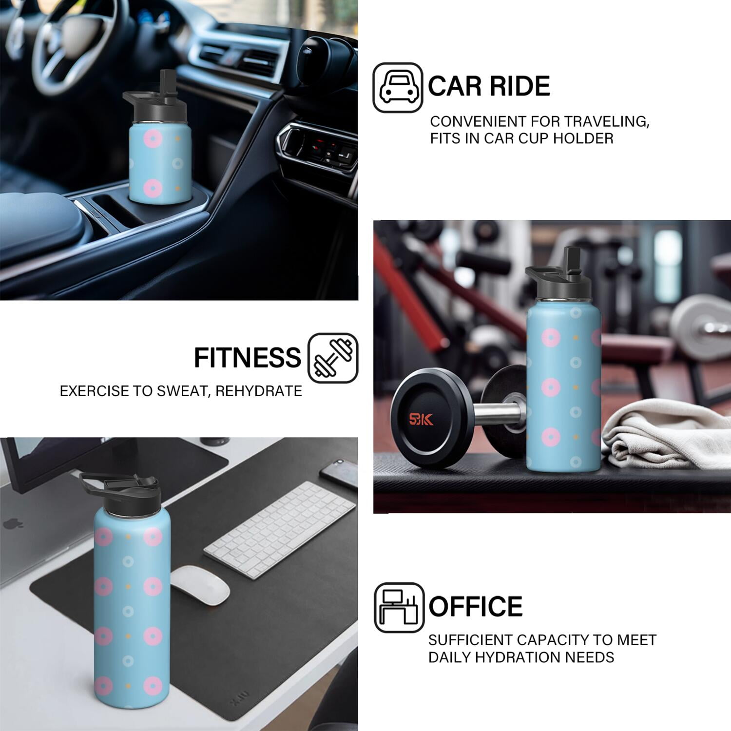 Modern 18 oz Insulated Stainless Steel Water Bottle with Straw & Cleaning Brush , Leakproof, BPA-Free, 304 Stainless Steel, Wide Mouth, Travel Mug for Car, Gym, Office