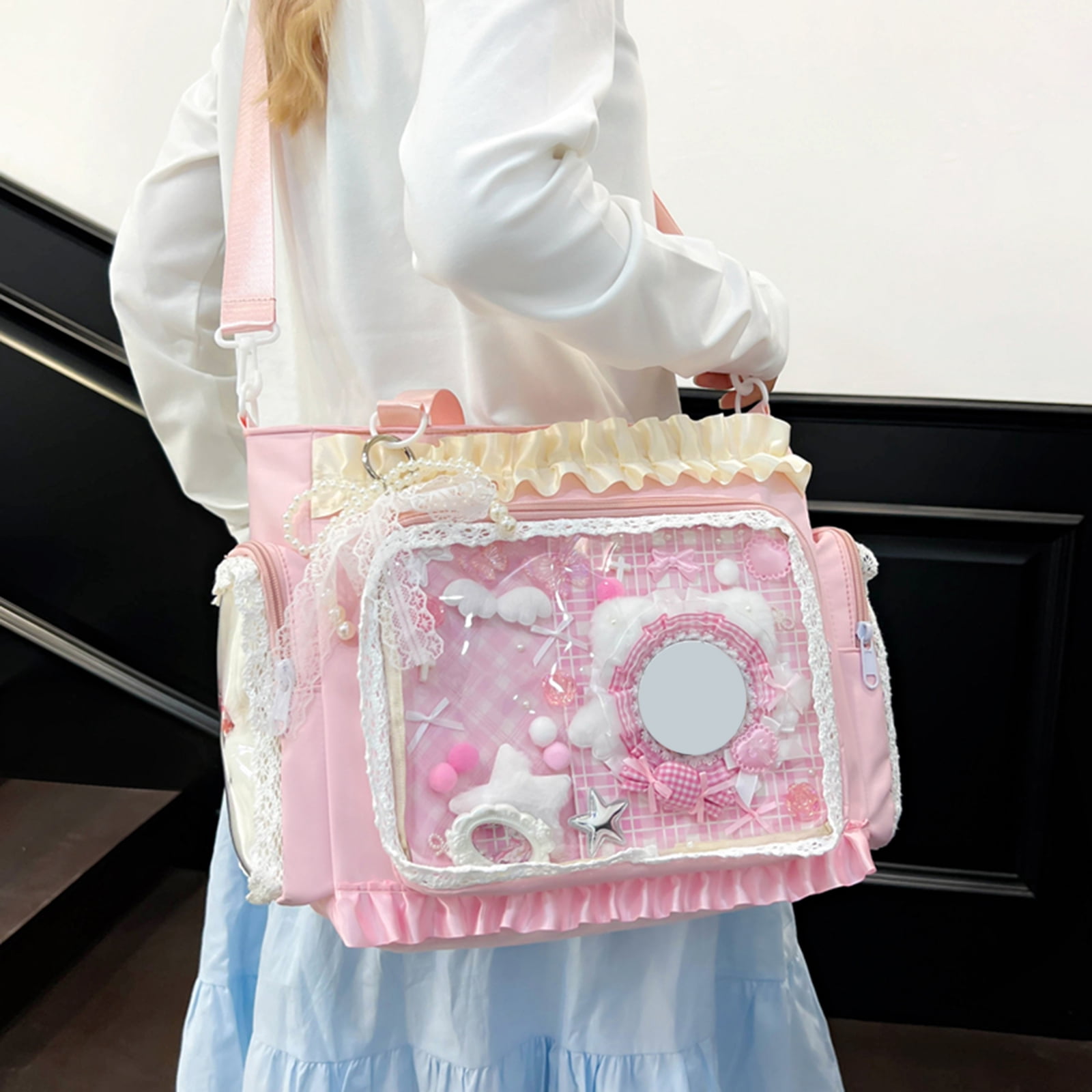 Women Transparent Square Ita Bag with Pin Display DIY Badge Crossbody Bag W/ Zipper & Pendant for Shopping Travel Work Daily Use (Pink)