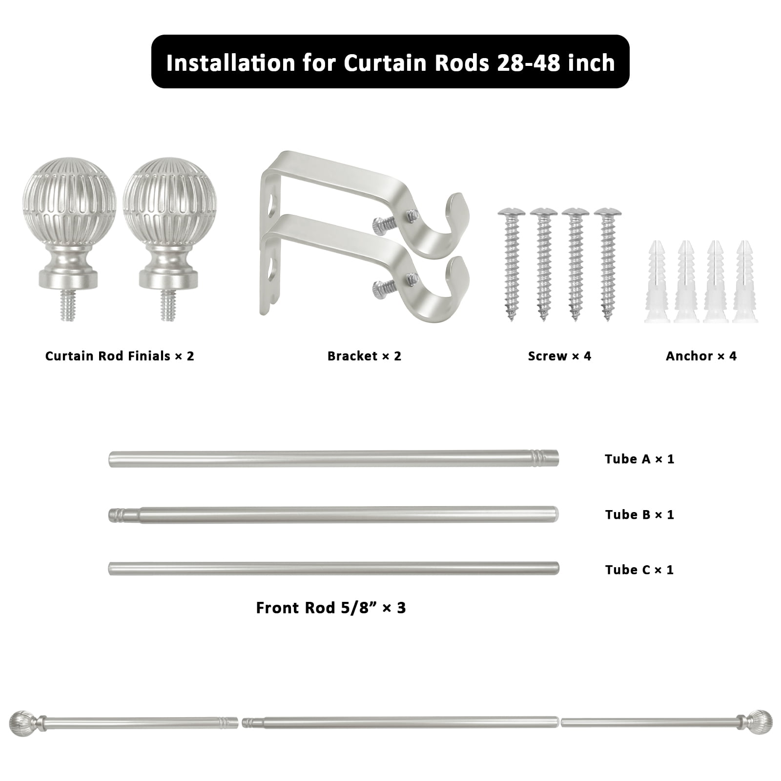 Urbanest 5/8" Single Telescoping Curtain Rod with Volle Finials, Pewter, 28"-48"
