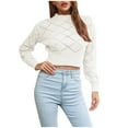 thumbnail image 3 of Vedolay Cropped Sweaters for Women Lightweight Sweaters Long Sleeve Crew Neck Color Block Striped Pullover Tops,White S, 3 of 5