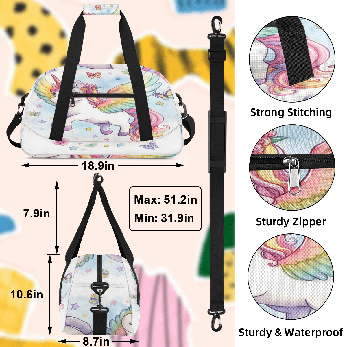 Herdesigns Animal Sports Duffle Bags Travel Duffle Bag Gym Bag Cute Unicorn Weekender Travel Bag Waterproof Overnight Bag Carry On Travel Tote Bag Dance Bags