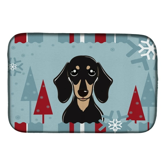 Winter Holiday Smooth Black and Tan Dachshund Dish Drying Mat