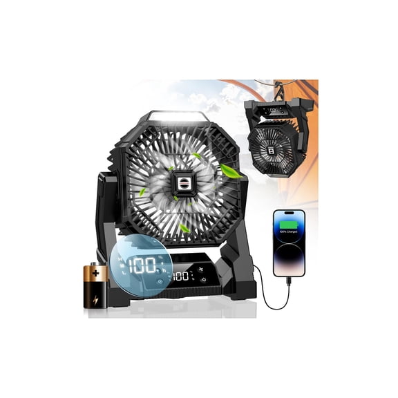 30000mAh Portable Camping Fan, Rechargeable USB Tent Fan with LED Light & Hooks, Battery Personal Turbo for Travel Table Camping Gear