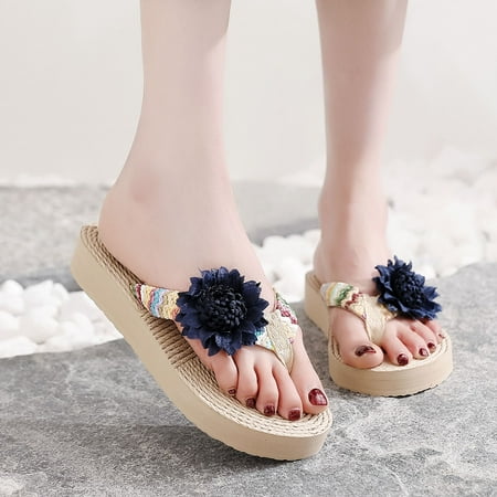 

Women Weave Beach Breathable Sandals Home Slipper Flowers Flip-Flops Flat Shoes