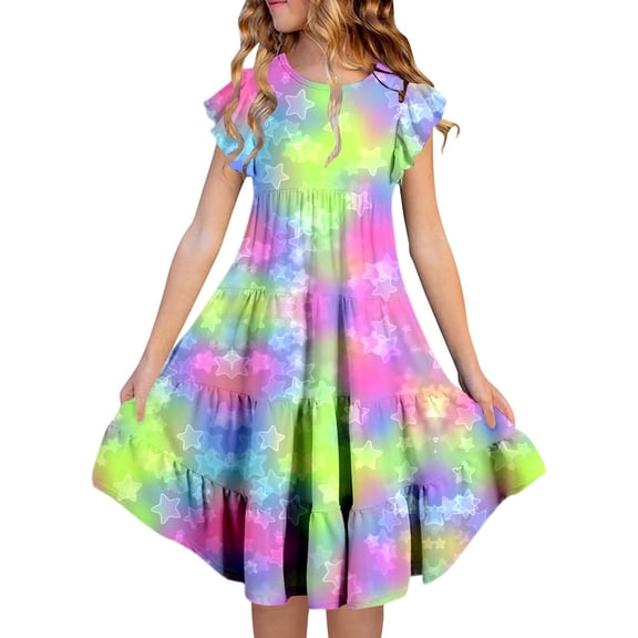 Little Girl Dresses Loose Fit Solid Print Crew Neck Short Sleeve Ruched Flowy A Line Midi Dress for Summer Casual Wear Dress for Girls Green 6 Years-7 Years
