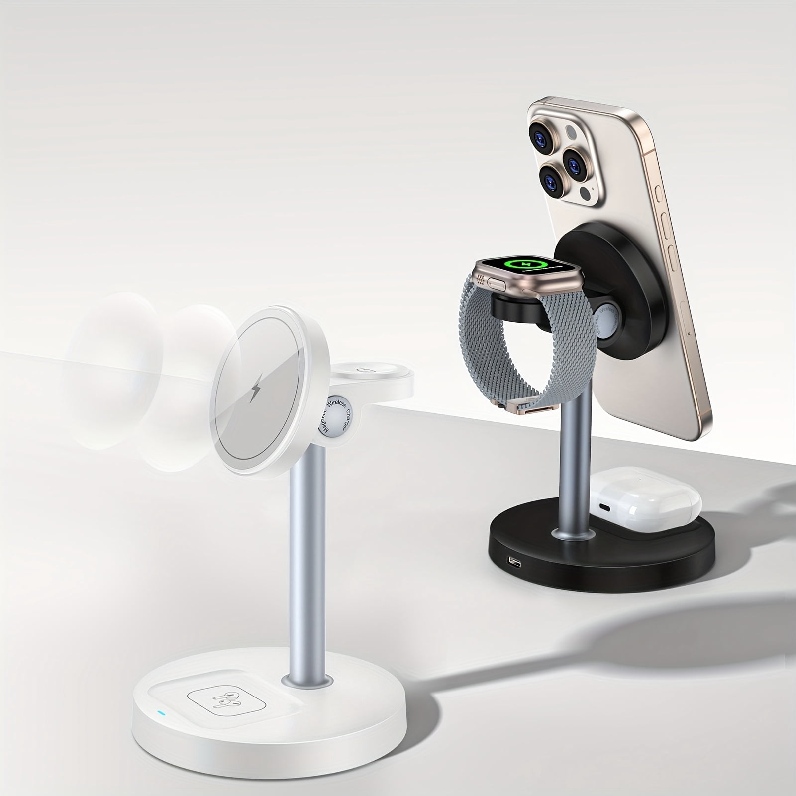 YIYUN 3-in-1 Magnetic Wireless Charger Stand – Cooling, Adjustable, for iPhone, Apple Watch & AirPods (White).
