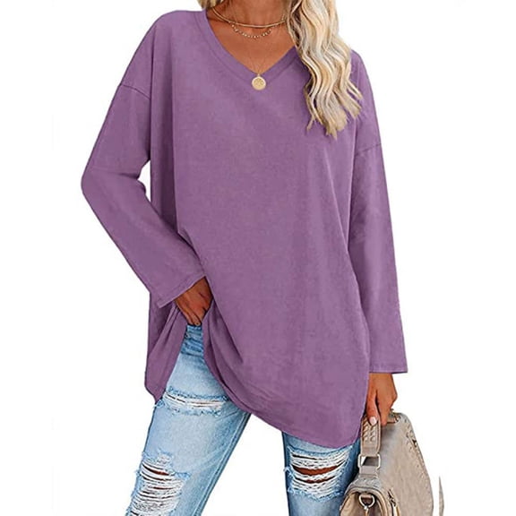 larppty Women's Plus Size Tops Long Sleeve Crew Neck Oversized T Shirts Loose Casual Tunics Loose Fit Tee (Purple, XXL)