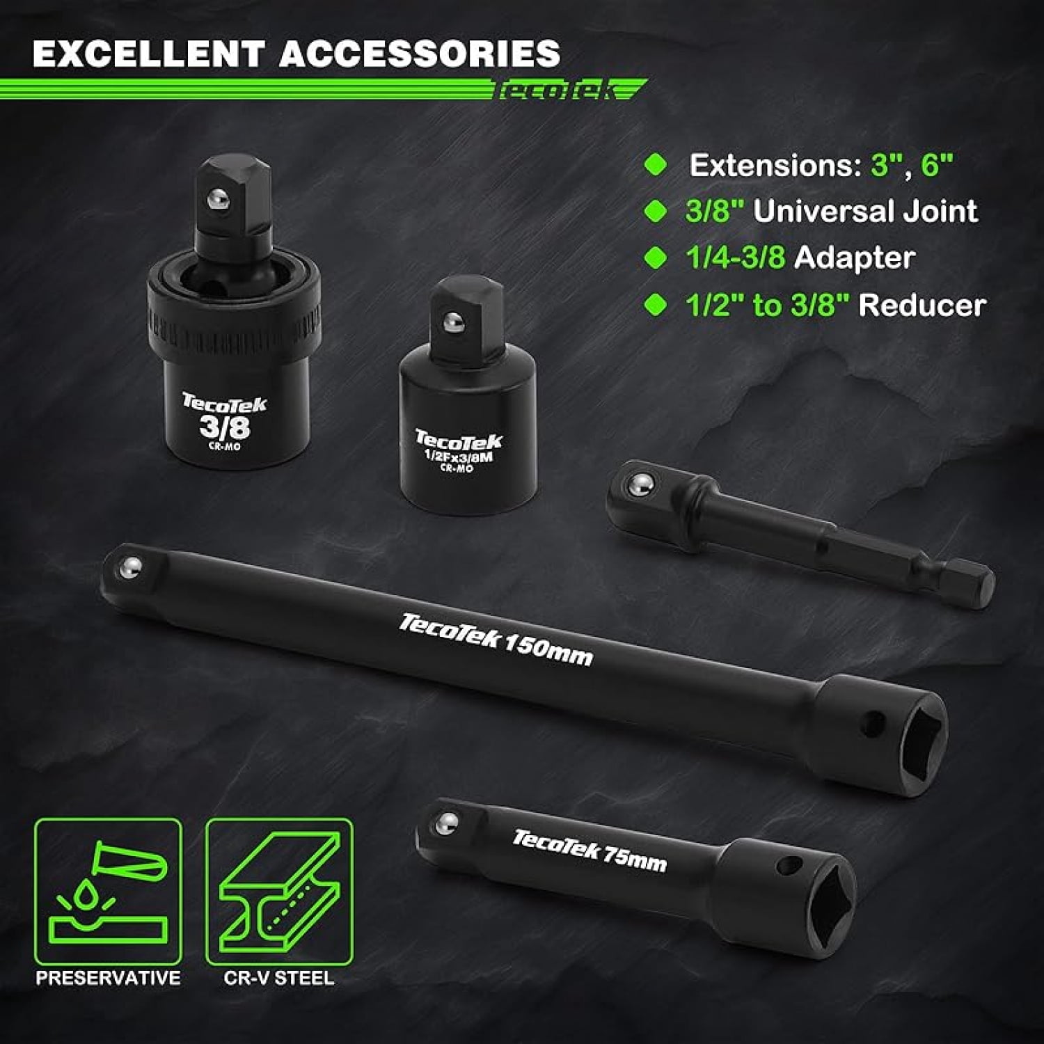 3/8" Drive Impact Socket Set, 49-Piece Standard SAE (5/16"-3/4") and Metric (8mm-22mm), 6 Point, Cr-V, Extension Bars, 1/2" F to 3/8" M Reducer, Universal Joint and Power Drill Adapter