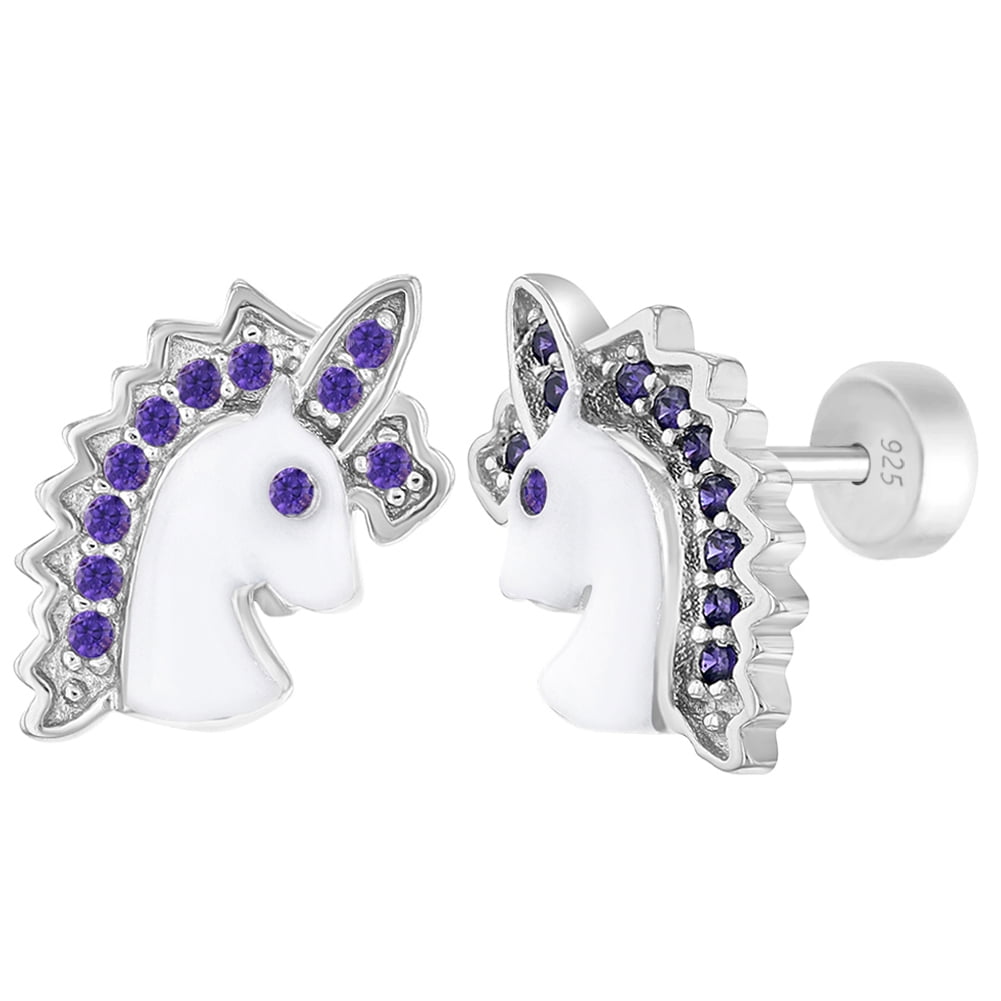 925 Sterling Silver Crystal White Light Purple Unicorn Kids Girls Stud Earrings 