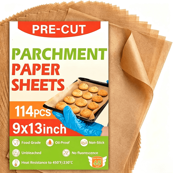 114PCS-Baking Parchment Paper, 9x13 Inch Pre-Cut Baking Parchment Paper for Baking, Grilling, Air Fryer, Steaming, Unbleached Non-Stick Parchment Paper for Bread, Cupcakes, Cookies