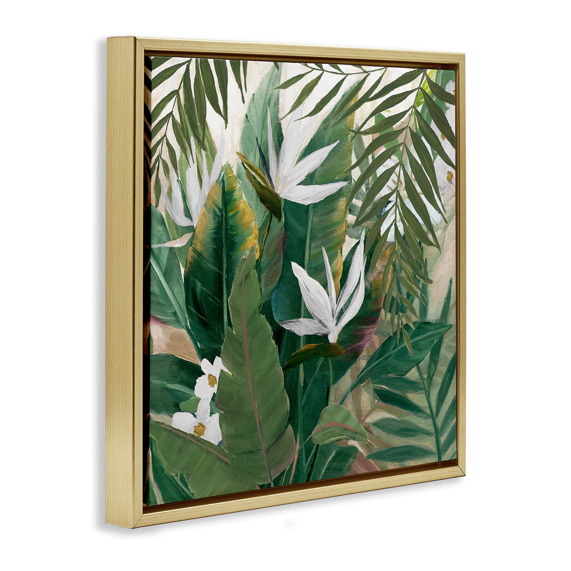 Stupell Industries Tropical Birds Of Paradise Plant Botanical & Floral Painting Gold Floater Framed Canvas Art Print Wall Art, 18 x 18