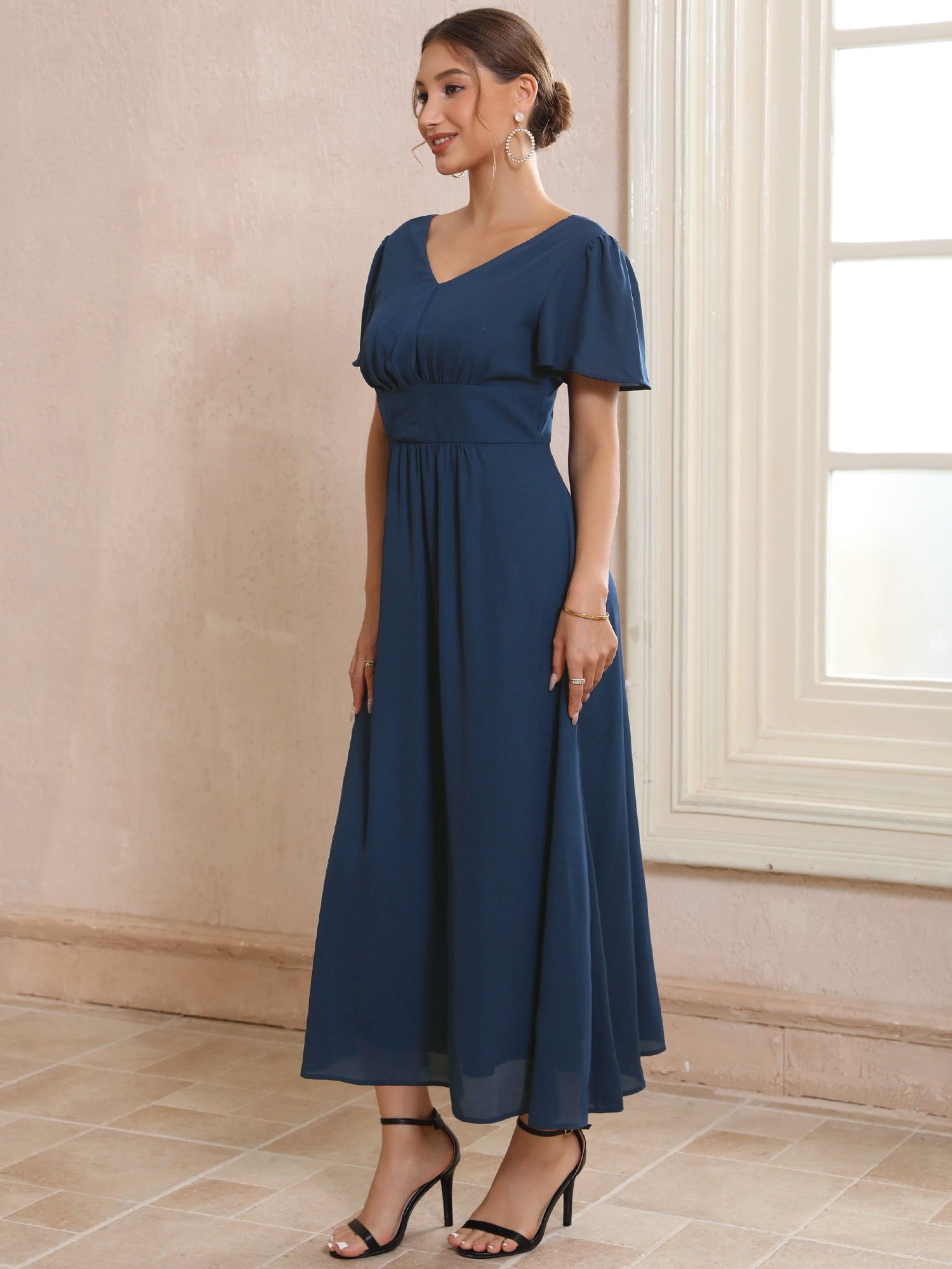 DARING DIVA Women's Bridesmaid Dress Chiffon Long Pleated Maxi Dresses S Dark Blue