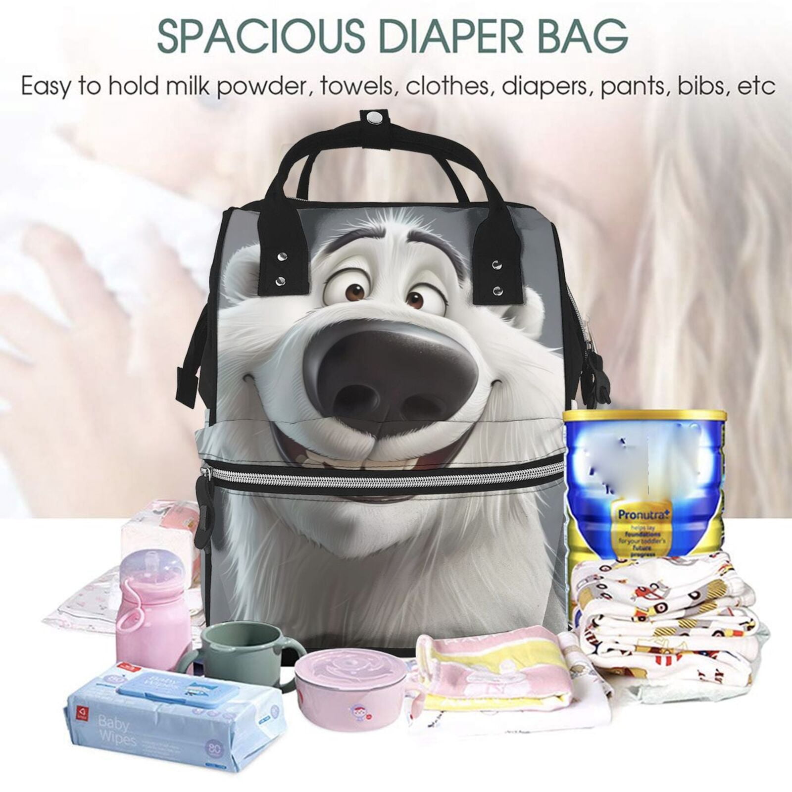 Fuzoiu Smiling Polar Bear Print Diaper Bag Backpack,Baby Essentials Travel Tote,Multi function Waterproof Diaper Bag, Travel Essentials Baby Bag - Unisex