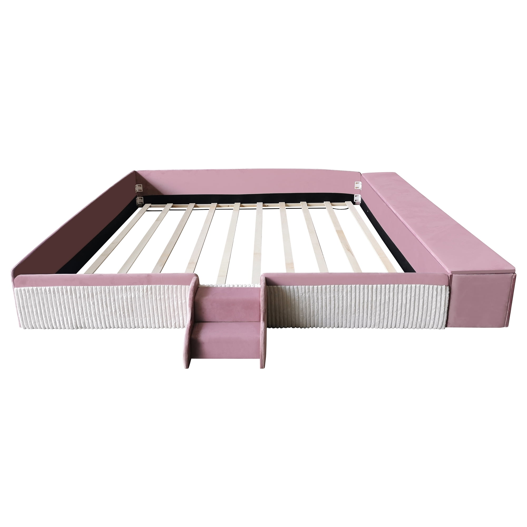 Leumius King Size Floor Bed Frame with Stairs & Gas Lift Storage Ottoman, Velvet Upholstered Daybed with Padded Guardrails, Pink+White