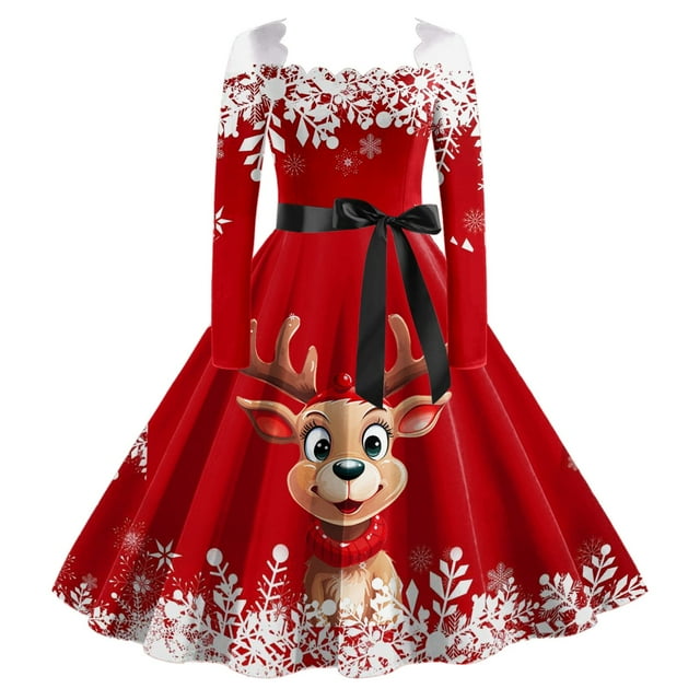 Wyzesi Robes Formelles pour Femmes Noël Robe Classique de Thé pour Femmes Robe à Manches Longues avec Ceinture Robe Évasée de Fête Pyjamas de Noël Costume
