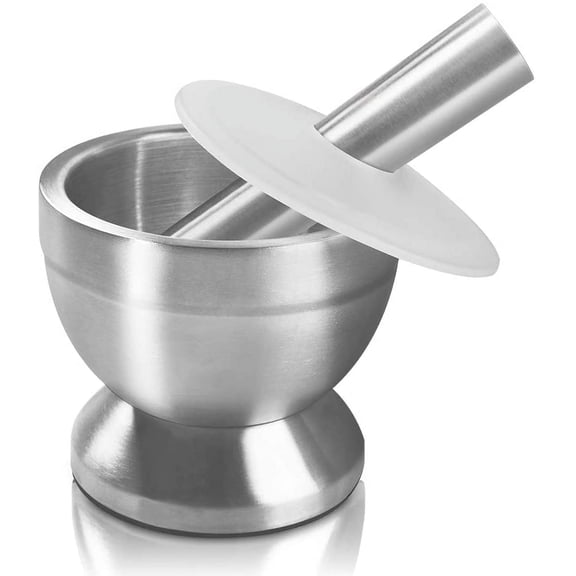 Sopito Mortar and Pestle, 18/8 Stainless Steel Spice Grinder Pill Crusher with Lid Ergonomic Design with Anti Slip Base and Comfy Grip