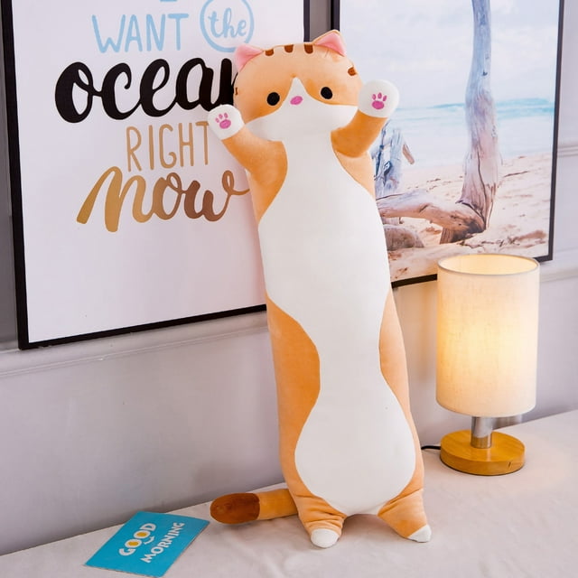 Almohada corporal de peluche, cojín largo de gato, juguete suave para dormir y abrazar, 50 cm/19,69 pulgadas, marrón