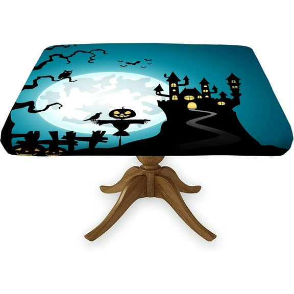 Halloween Square Fitted Table Cloths, Night Scarecrow and Castle Washable Spill Proof Elastic Edged Table Cover, for Indoor Outdoor Party Dinner Patio, Fit for 36" x 36"Square Table, Blue Black