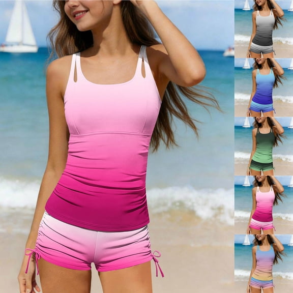 WAVSUF Girls Gradient Tankini 2 Piece Round Neck Sleeveless Top and Short Summer Beach Surfing Holiday Swimsuit Hot Pink 10-12