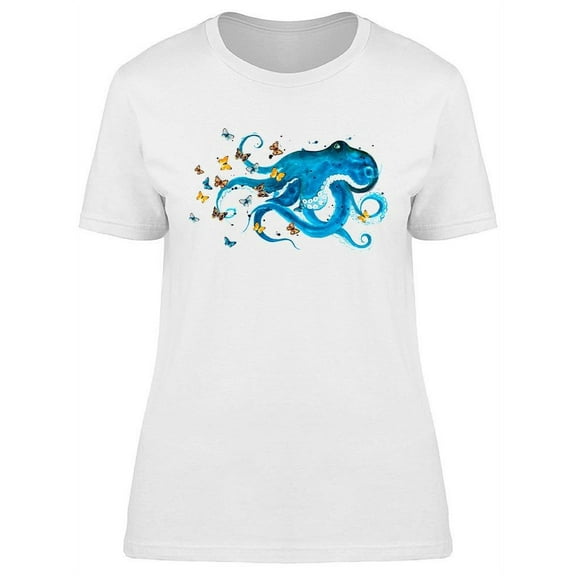 Blue Octopus With Butterflies T-Shirt Women -Image by Shutterstock, Female Large
