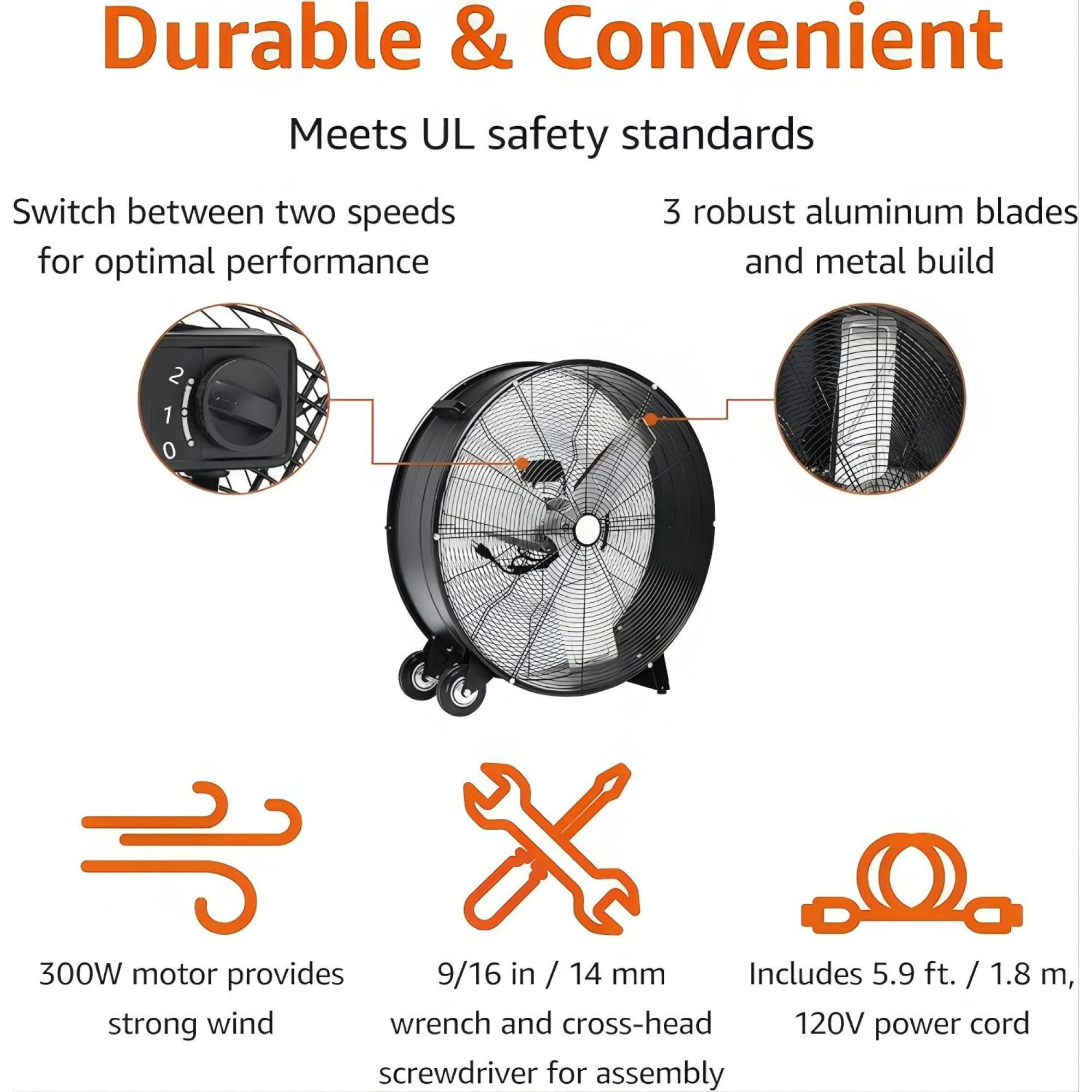 Leumius 30 Inch High Velocity Industrial Drum Fan, 2 Speed Heavy-Duty Metal Fan with Aluminum Blades,Mobile Tilt Fan for Garage, Workshop, Warehouse & Factory