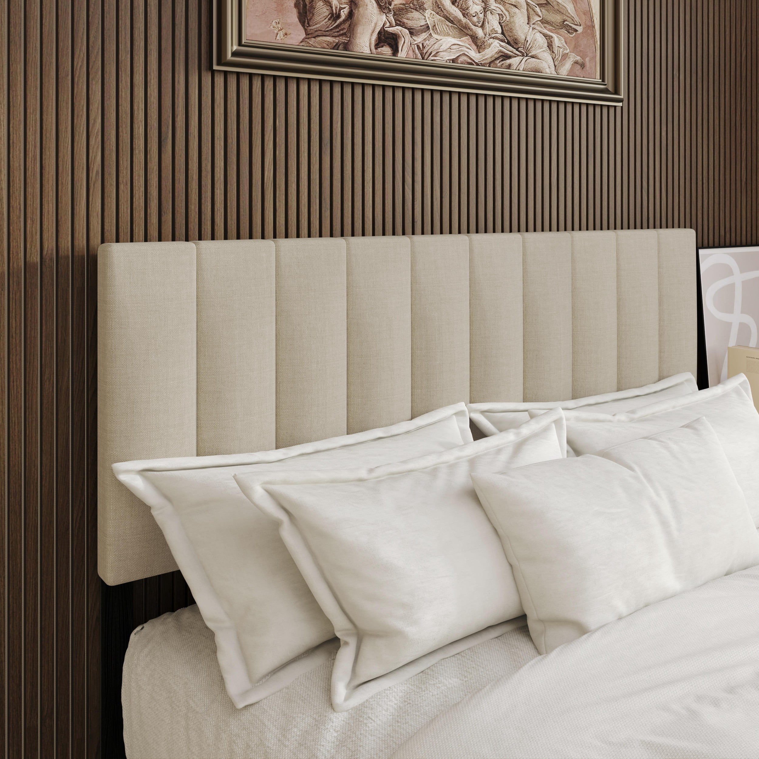 Home Design Dennis Full Upholstered Headboard with Vertical Channel Design, Adjustable Height, Beige