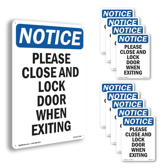Please Close And Lock Door When Exiting OSHA Notice Aluminum Sign 10 Inch x 7 Inch - 10 Pack