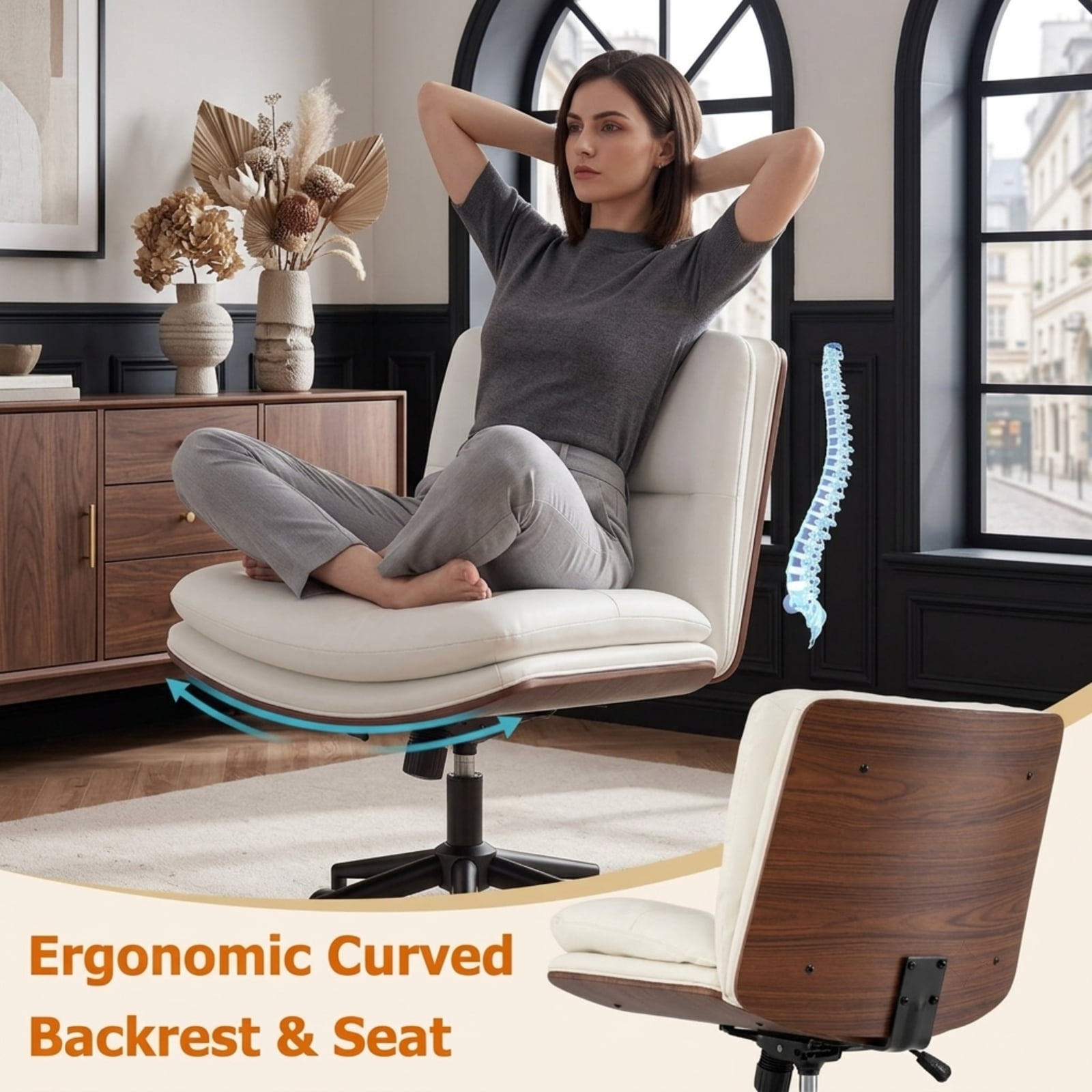 Furnibear Armless Office Chair with Curved Backrest and Padded Faux Leather Seat Small Rolling Vanity Task Chair for Home Office Bedroom Study, White